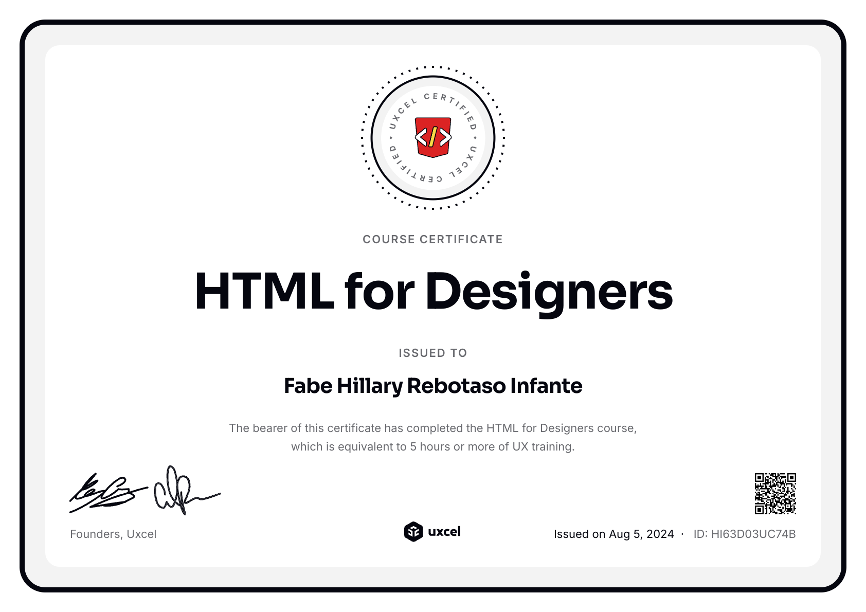 Fabe Hillary Rebotaso Infante's certificate